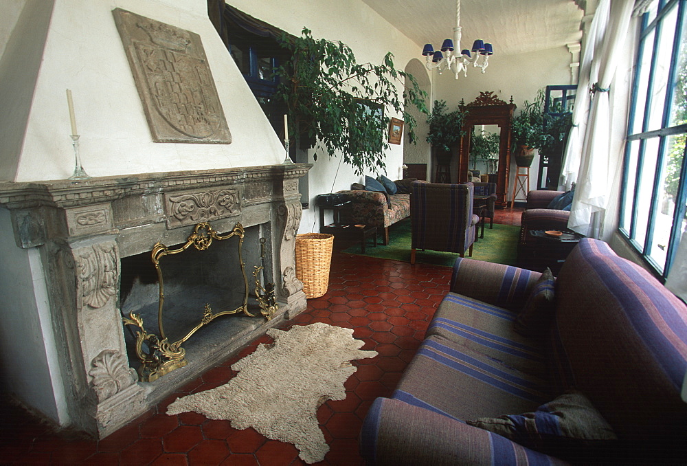 Hacienda Pinsaqui traditional hacienda now a hotel/restaurant view of interior room and hallway, North of Quito, Highlands, Ecuador