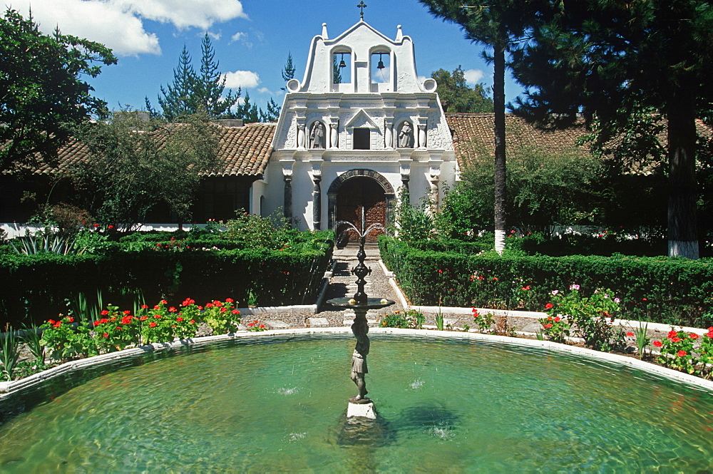 Hacienda La Cienega, 400 years old and now hotel and restaurant with beautiful gardens, fountains and chapel, Highlands South of Quito, Ecuador