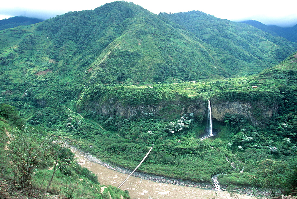 The Highlands to Amazon Basin, Pastaza River Valley descent from highlands at Banos (1800 meters) into Amazon basin at Puyo suspension bridge at Agoyan Falls, Highlands, Ecuador