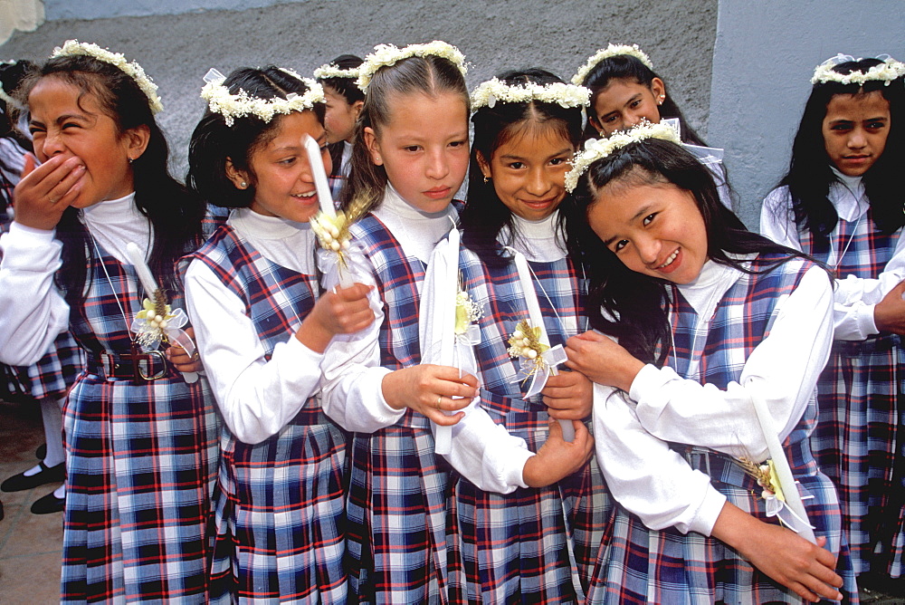 Cuenca World Heritage City & Ecuador's third largest city, famous for its colonial architecture young girls in procession for 1st Communion, Highlands, Ecuador