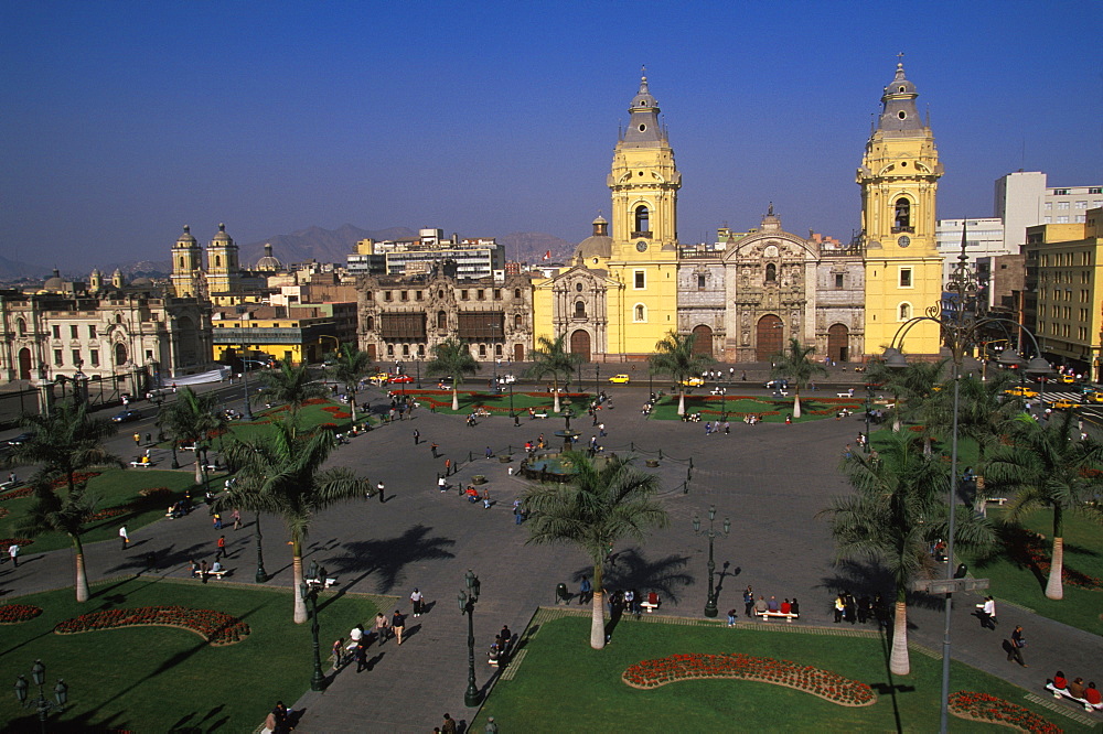 The Cathedral built in 1564-1625, on the Plaza de Armas which contains the tomb of Francisco Pizarro the conqueror of the Incas, Colonial Architecture, Lima, Peru