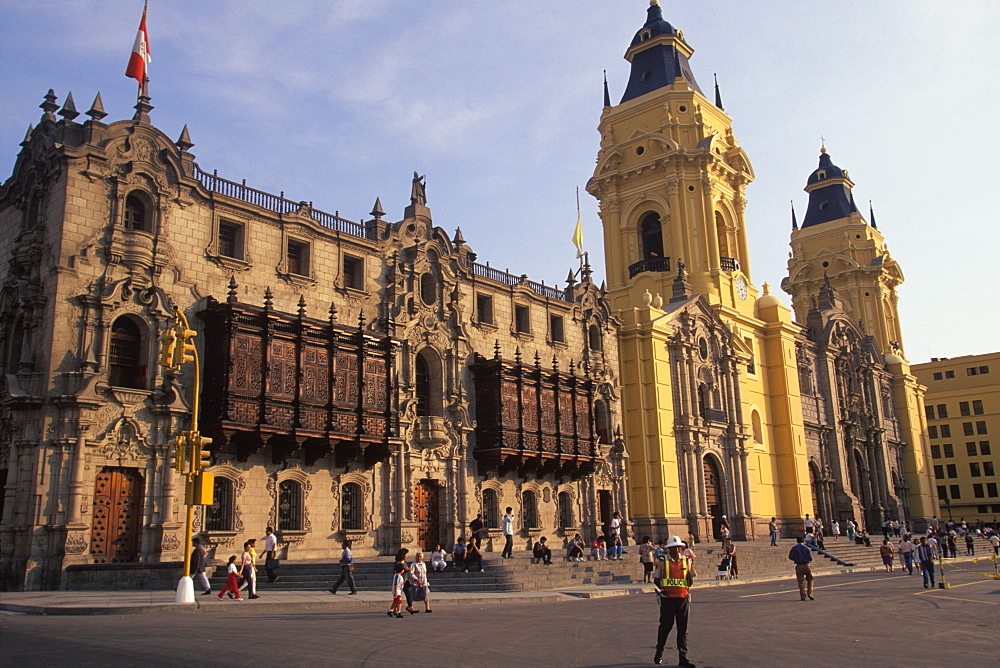 The Archbishop's Palace with beautiful carved wooden balconies next to the Cathedral on the Plaza de Armas, Colonial Architecture, Lima, Peru