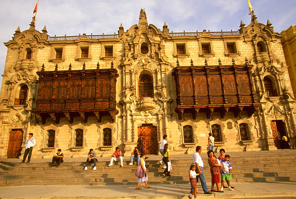 The Archbishop's Palace with beautiful carved wooden balconys next to the Cathedral on the Plaza de Armas, Colonial Architecture, Lima, Peru