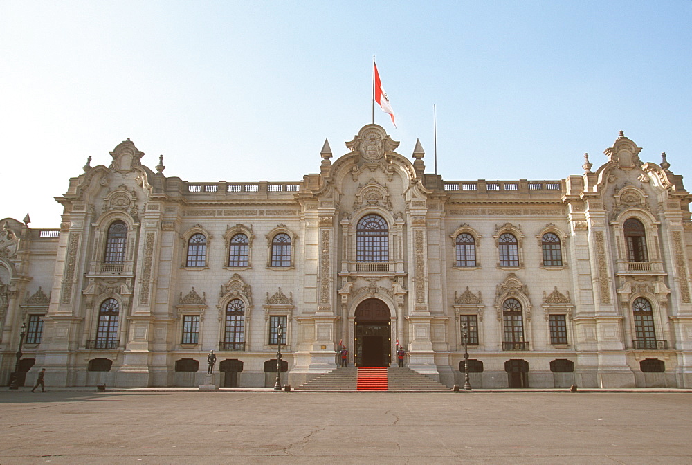 The Government Palace or Palacio de Gobierno, built in 1938 on the Plaza de Armas, site of Pizarro's palace where he was assassinated, Lima, Peru