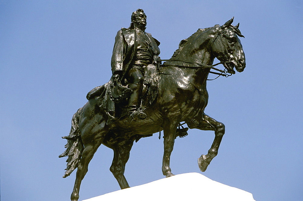 Plaza San Martin, with a statue of San Martin Peru's Independence Hero, it is the hub of the modern city and site of political rallies, Central City, Lima, Peru