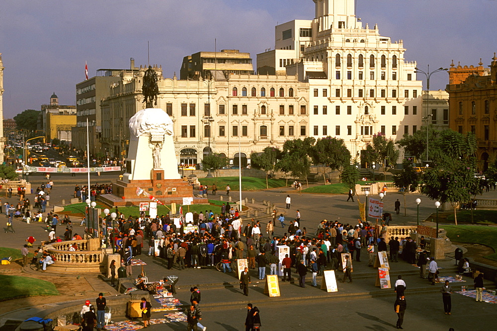 Plaza San Martin, with a statue of San Martin Peru's Independence Hero, it is the hub of the modern city and site of political rallies, Lima, Peru