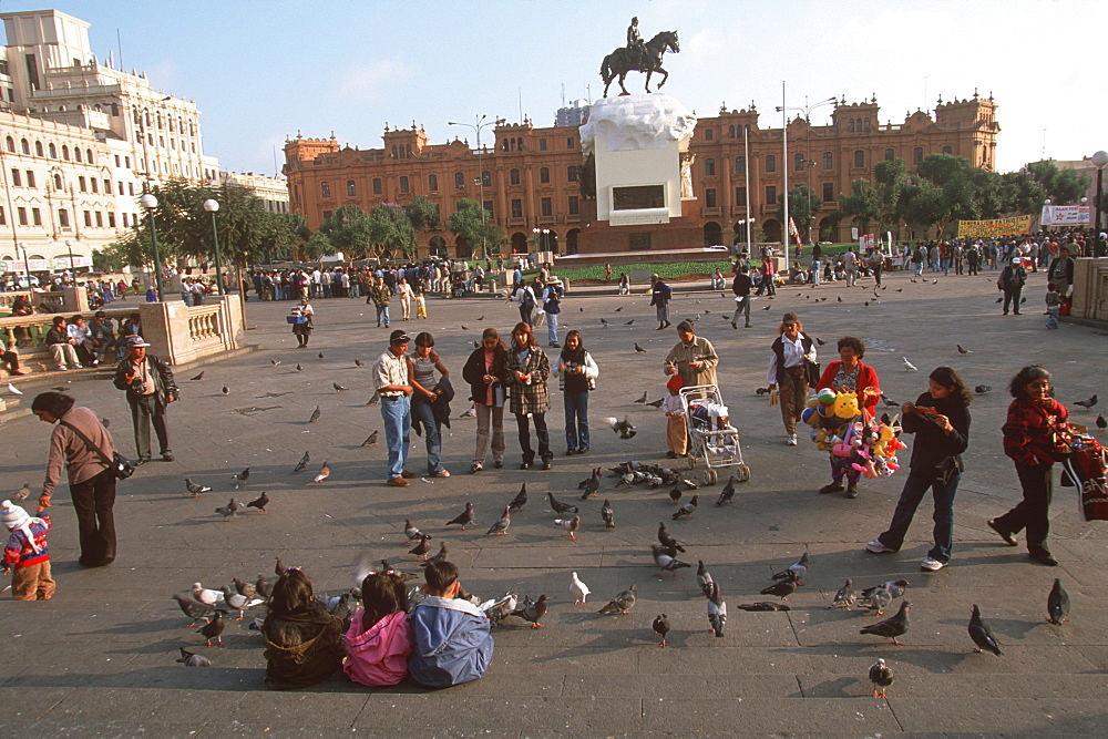 Plaza San Martin, with a statue of San Martin Peru's Independence Hero, it is the hub of the modern city activity around the plaza, Lima, Peru