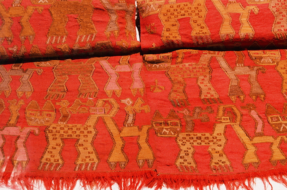 Artifacts from the Chancay Culture, 1100-1400AD, north coast textile with repeating feline and bird designs Museum of the Nation in Lima, Peru