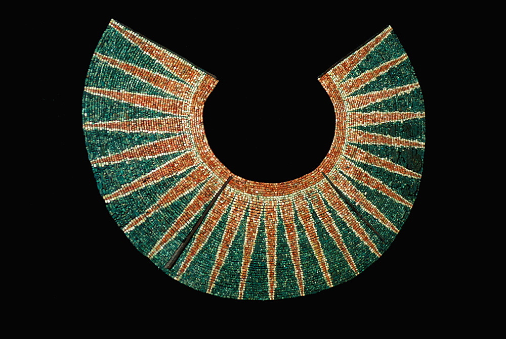 Gold Artifacts Moche (Mochica) Culture, 100 to 700AD, NCoast artifact from the Lord of Sipan Tomb, c300AD radiant pectoral of colored seashell-beads, Peru