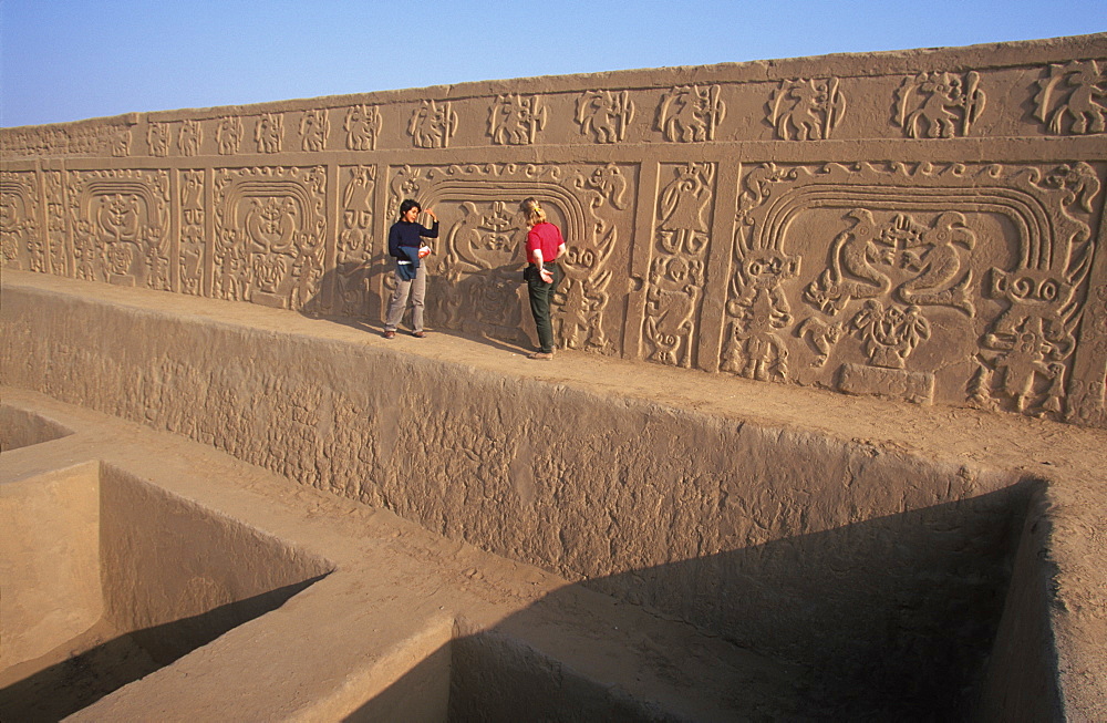 Chimu Culture Chan Chan, 1300-1468AD, capital and world's largest adobe city on 20 sqkm near Trujillo relief in Huaca del Dragon (Rainbow Temple), Peru