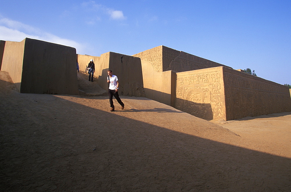 Chimu Culture Chan Chan, 1300-1468AD, capital and world's largest adobe city on 20 sqkm near Trujillo relief in Huaca del Dragon (Rainbow Temple), Peru