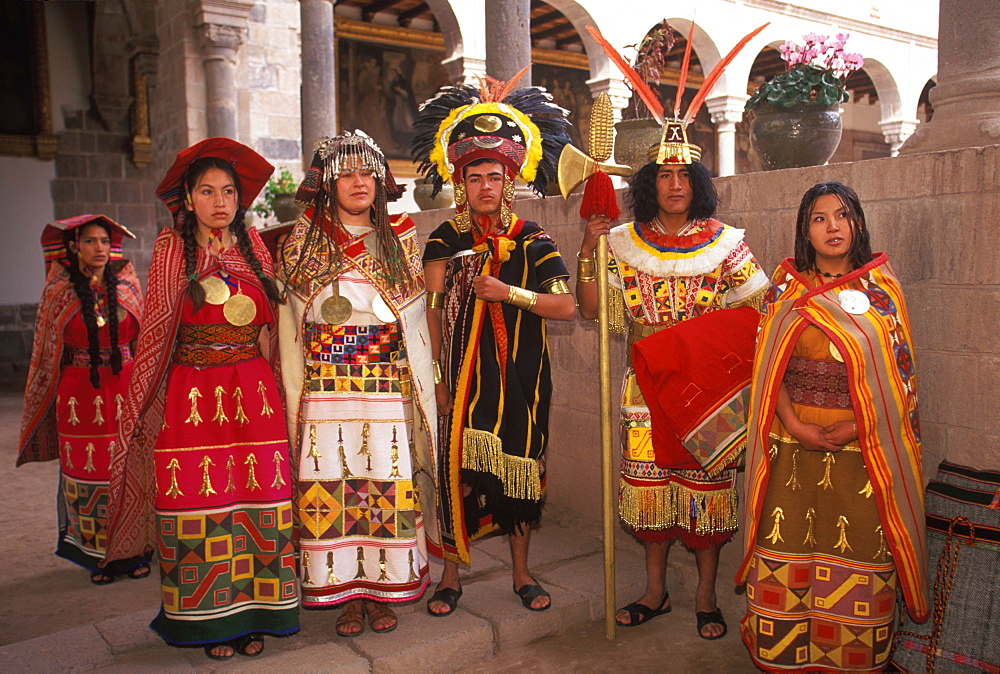 Coricancha or Inca Sun Temple within the walls of Santo Domingo Church reenactment of an Inca ceremony with the Inca and attendants, Cuzco, Peru