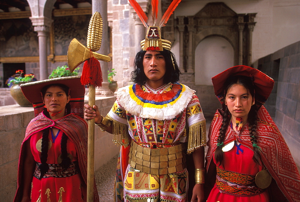 Coricancha or Inca Sun Temple within the walls of Santo Domingo Church reenactment of an Inca ceremony with the Inca and attendants, Cuzco, Peru