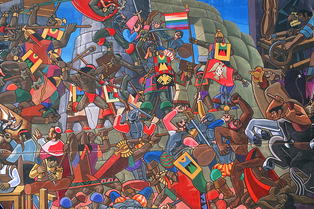 Mural by Juan Bravo, c1995, depicting the history of the Incan Civilization attack of Pizarro and the Spanish on Cuzco, Peru