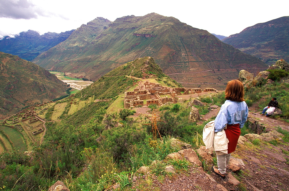 Inca ruins at Pisac view of main complex, the Intihuatana Temple and surrounding terraces and Urubamba River, Cuzco area, Highlands, Peru