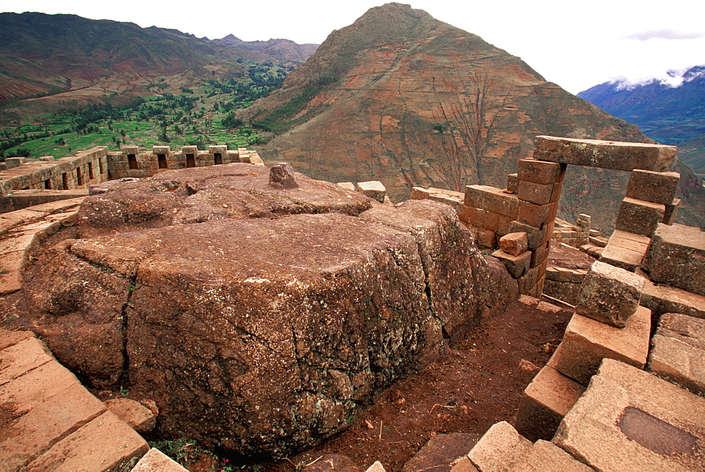 Inca ruins at Pisac view of the main complex and the Intihuatana stone in the main temple, Cuzco area, Highlands, Peru