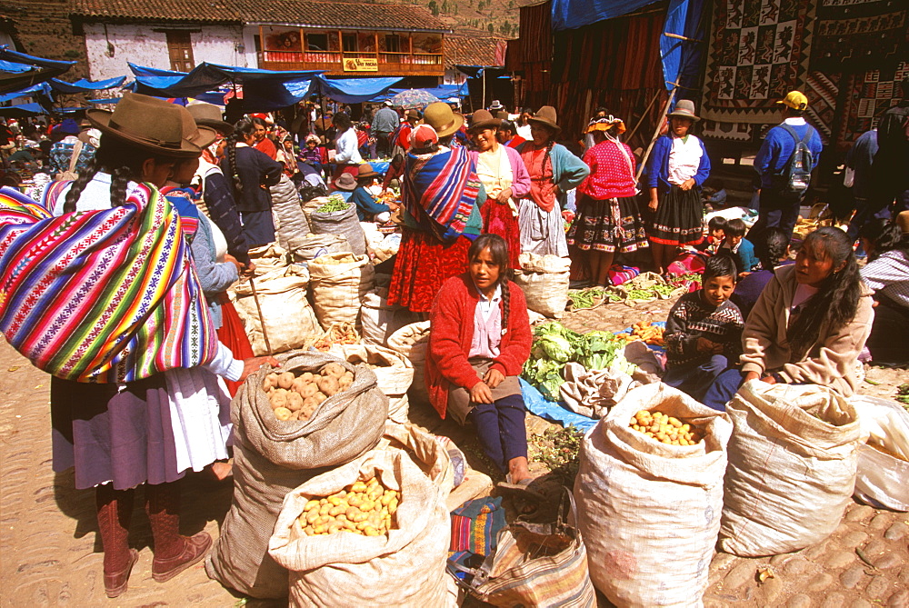 Pisac, village in Sacred Valley of the Incas near Cuzco and famous for one of the world's most colorful craft and produce markets, Highlands, Peru