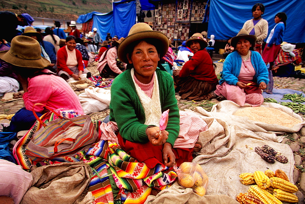 Pisac Village in the Valley of the Incas Sunday Market, one of the world's most colorful craft and produce markets, Cuzco area, Highlands, Peru