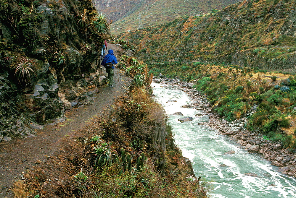 Hikers on the Inca Trail passing above the rapids of the Urubamba River near Chilca on the way to Machu Picchu, Peru