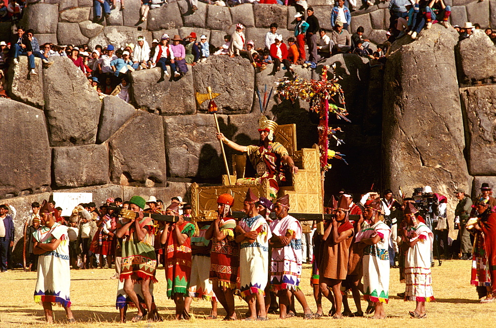 Inti Raymi the Inca carried on his throne during the Inca Festival of the Sun, held at Sacsayhuaman, above Cuzco on June 24th, Peru