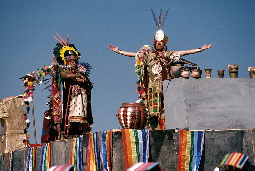 Inti Raymi the Inca offering sacrifice during the Incan Festival of the Sun, held at Sacsayhuaman, above Cuzco on June 24th, Peru