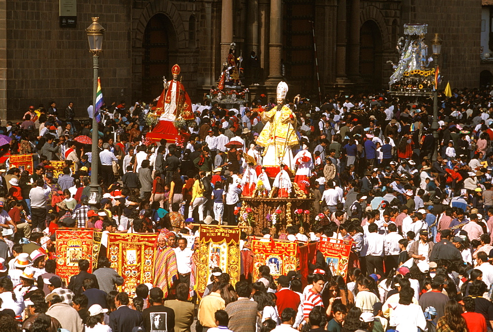 Corpus Christi is one of Peru's most famous festivals with thousands parading Santos in processions around 's Plaza de Armas, Cuzco, Peru