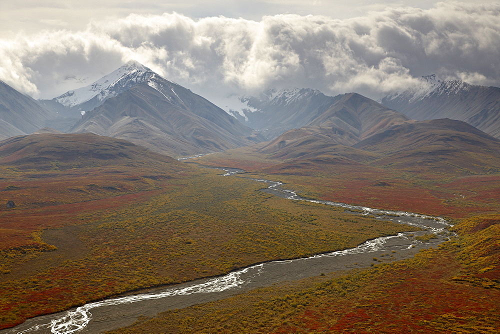 Mountains and a stream through the tundra in fall color, Denali National Park and Preserve, Alaska, United States of America, North America