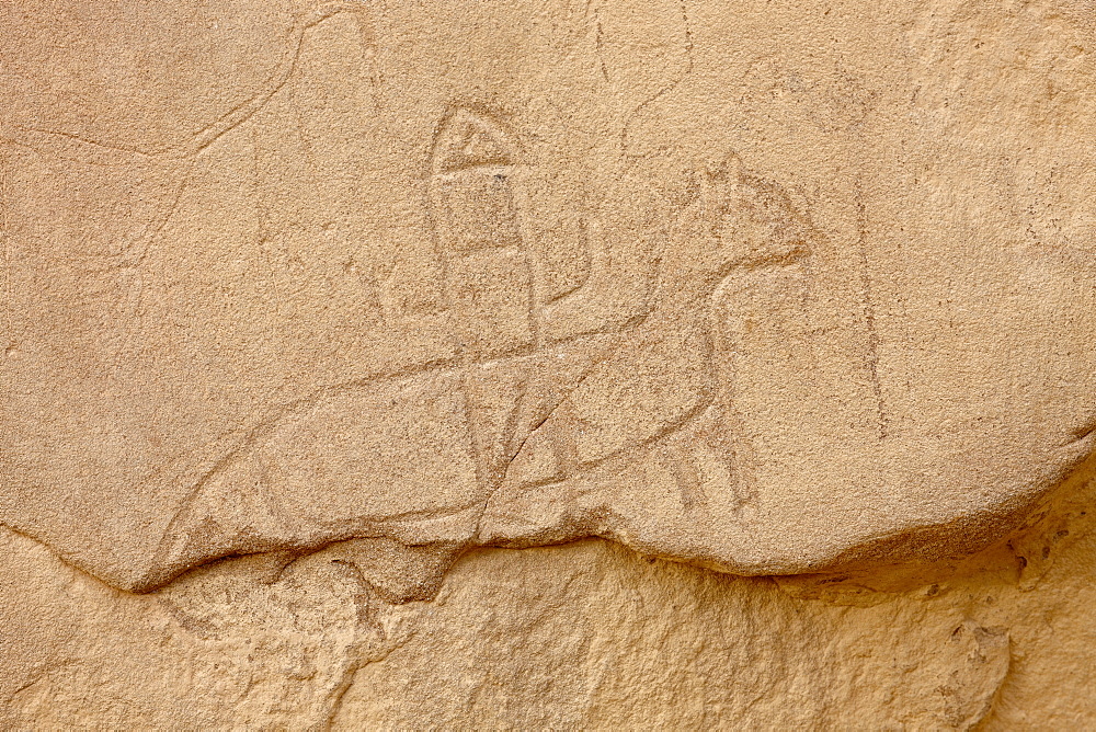 Soldier riding a horse petroglyph, Chetro Ketl, Chaco Culture National Historical Park, UNESCO World Heritage Site, New Mexico, United States of America, North America