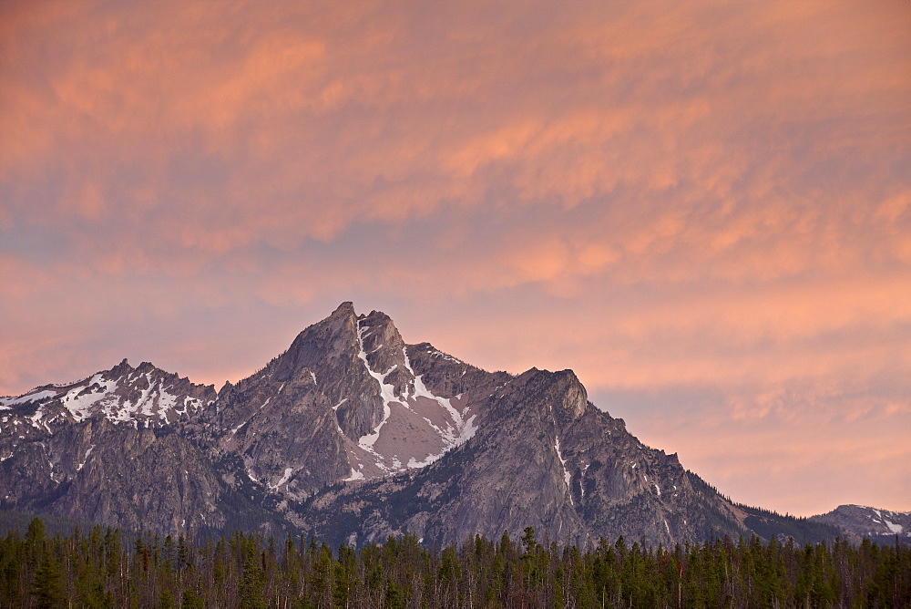 Orange clouds over McGowen Peak at sunset, Sawtooth National Recreation Area, Idaho, United States of America, North America