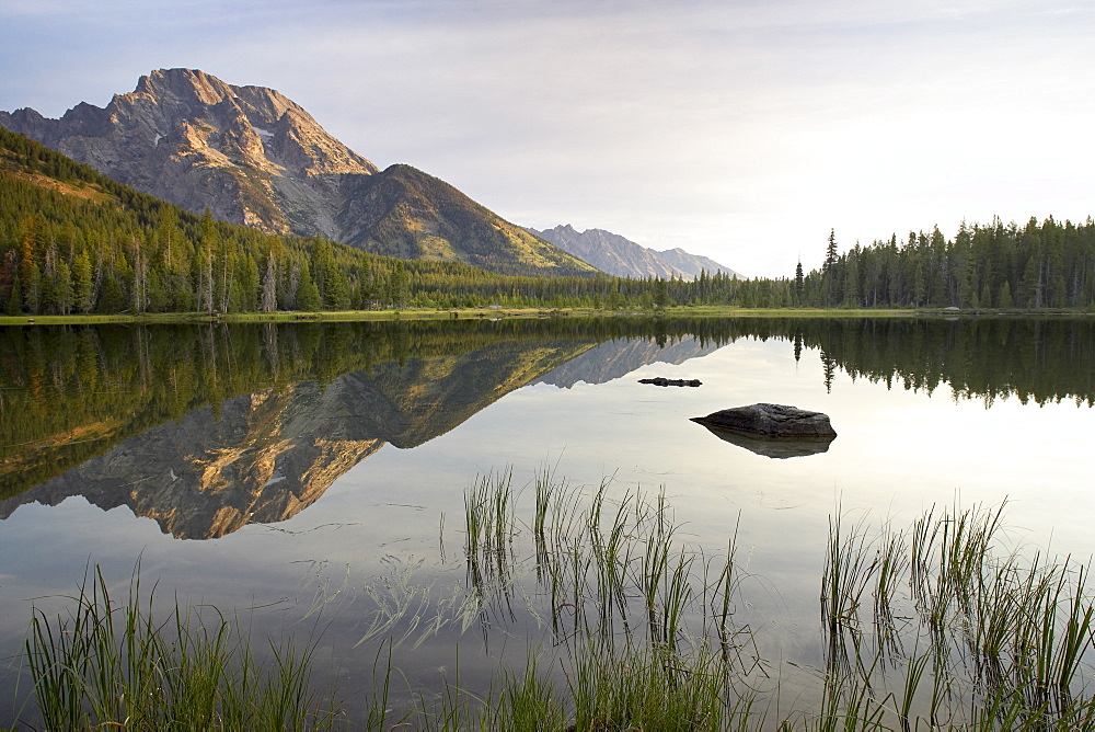 Mount Moran reflected in String Lake, Grand Teton National Park, Wyoming, United States of America, North America