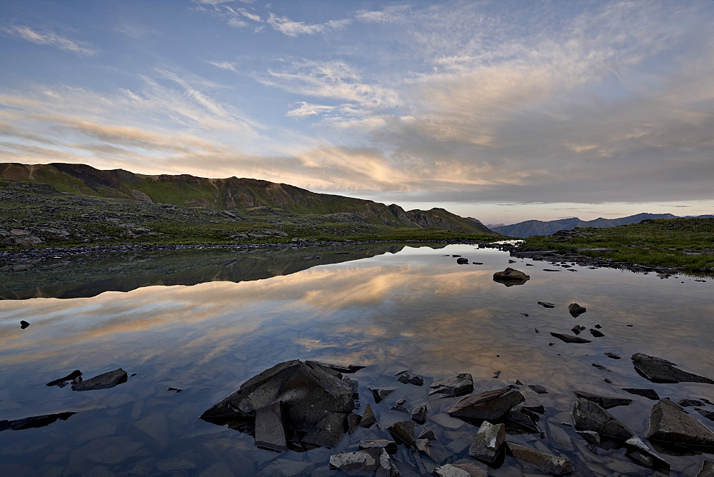 Alpine tarn at dawn, San Juan National Forest, Colorado, United States of America, North America