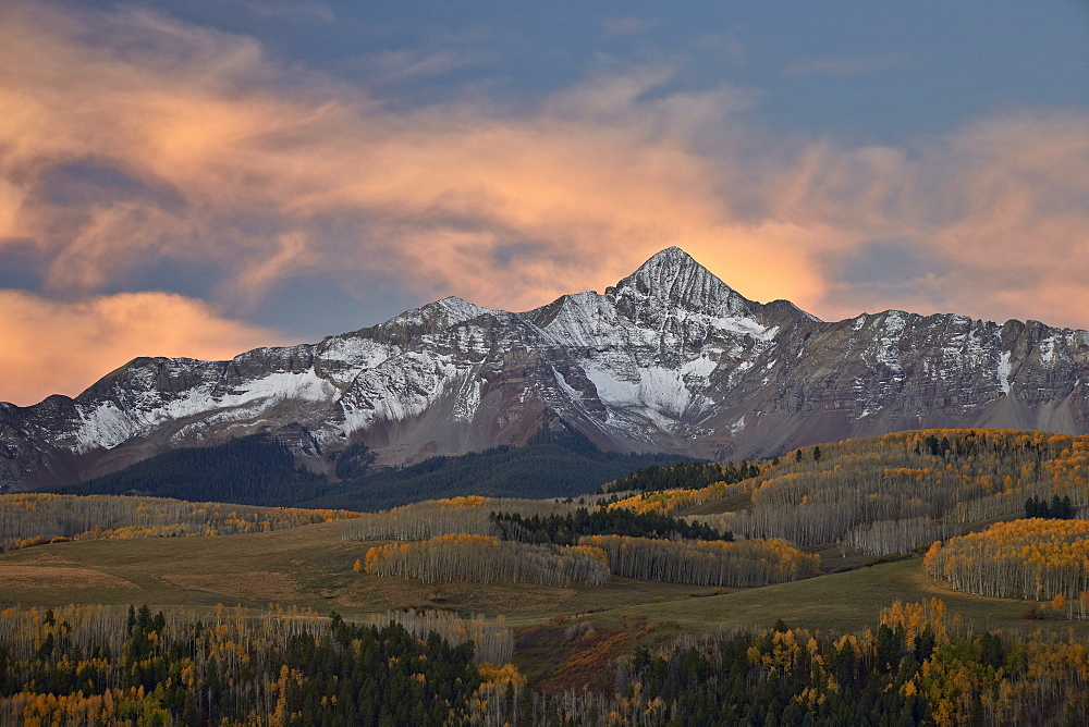 Wilson Peak at dawn with a dusting of snow in the fall, Uncompahgre National Forest, Colorado, United States of America, North America 