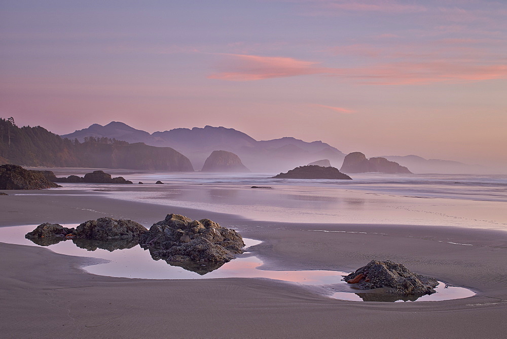 Rocks and sea stacks at sunset, Ecola State Park, Oregon, United States of America, North America 