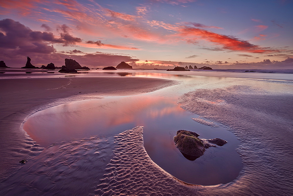 Sunset with orange clouds, Bandon Beach, Oregon, United States of America, North America 