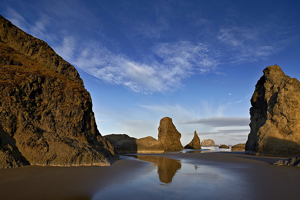 Sea stacks and clouds, Bandon Beach, Oregon, United States of America, North America