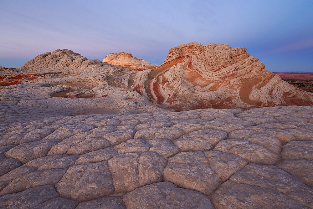 Sandstone brain rock and red and white swirls at dawn, White Pocket, Vermilion Cliffs National Monument, Arizona, United States of America, North America