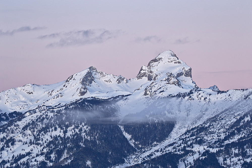 Tetons at dawn in the winter, Grand Teton National Park, Wyoming, United States of America, North America