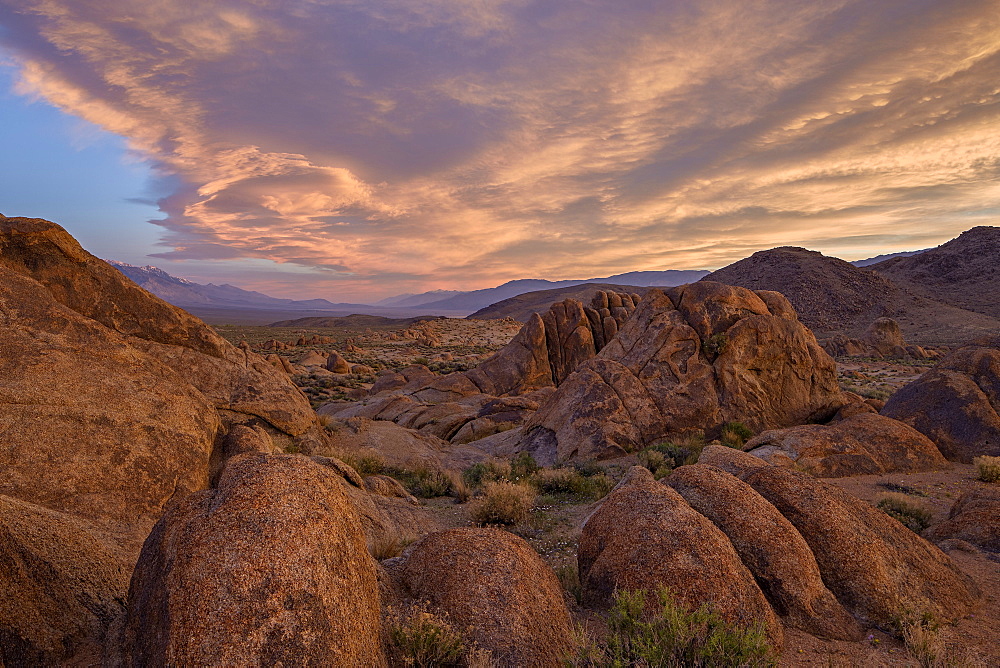 Clouds at dawn over the rock formations, Alabama Hills, Inyo National Forest, California, United States of America, North America