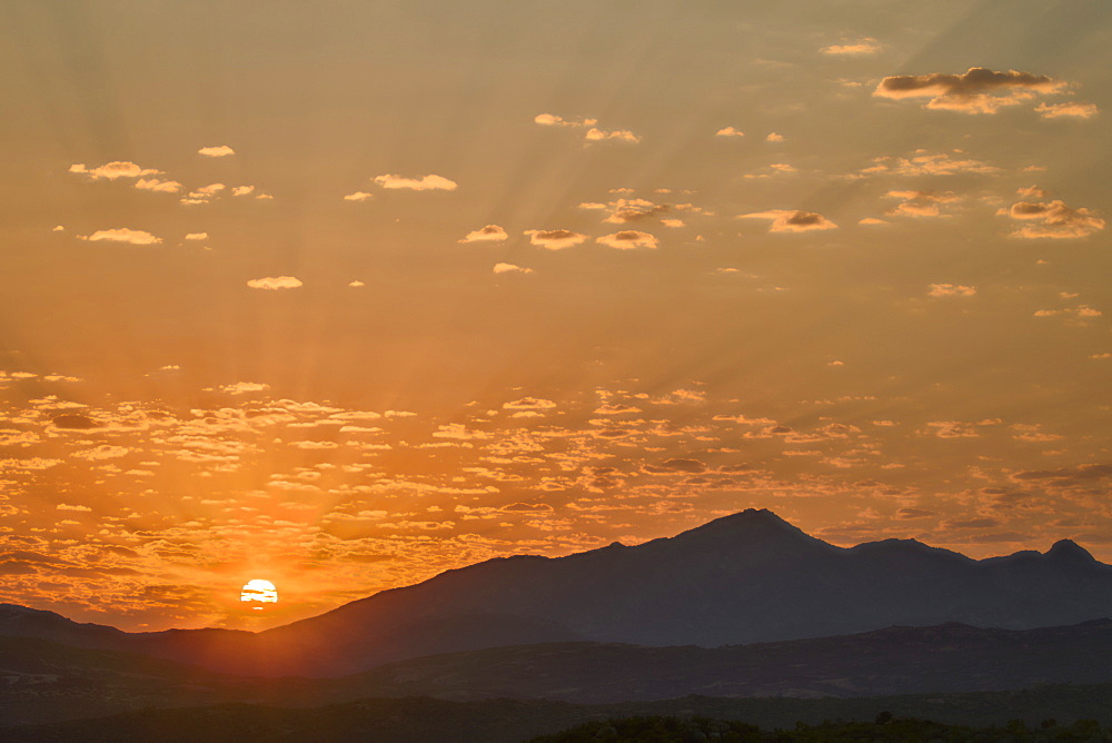 Sunrise over stacked hills, Namaqua National Park, Namakwa, Namaqualand, South Africa, Africa