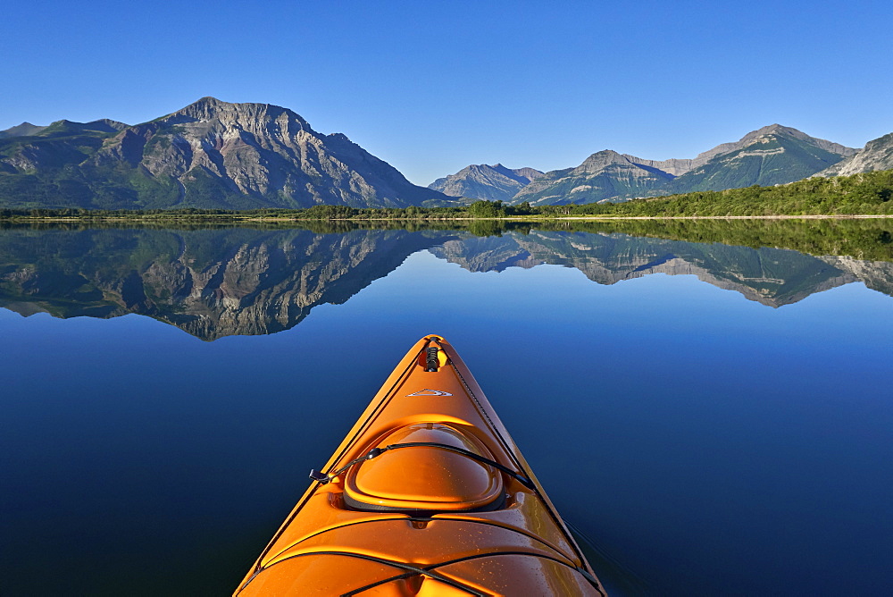 Lower Waterton Lake from a kayak, Waterton Lakes National Park, Alberta, Canada, North America