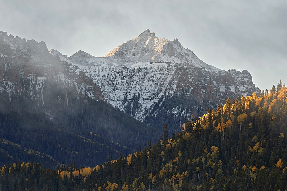 Snow-covered mountain in the fall, Uncompahgre National Forest, Colorado, United States of America, North America