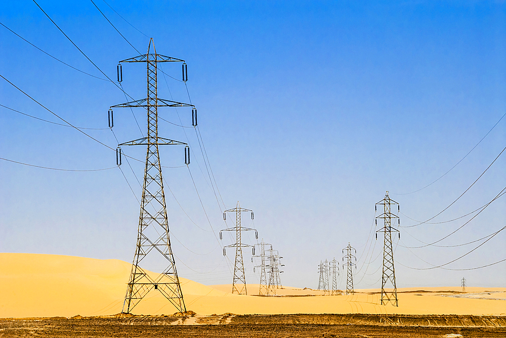 Power Lines, Western Desert, Egypt, North Africa, Africa