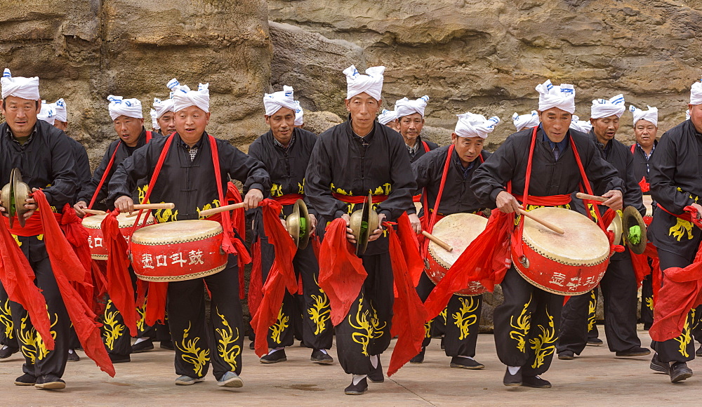 Waist Drum performance at Hukou Waterfall on the Yellow River in Shaanxi Province, China, Asia