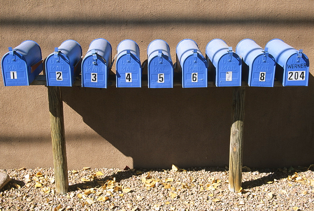 Blue mailboxes, Santa Fe, New Mexico, United States of America, North America