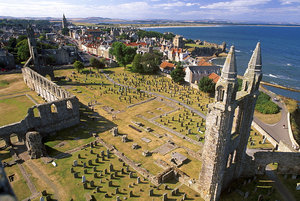 Ruins of St. Andrews cathedral, dating from the 14th century, graveyard and town, St. Andrews, Fife, Scotland, United Kingdom, Europe