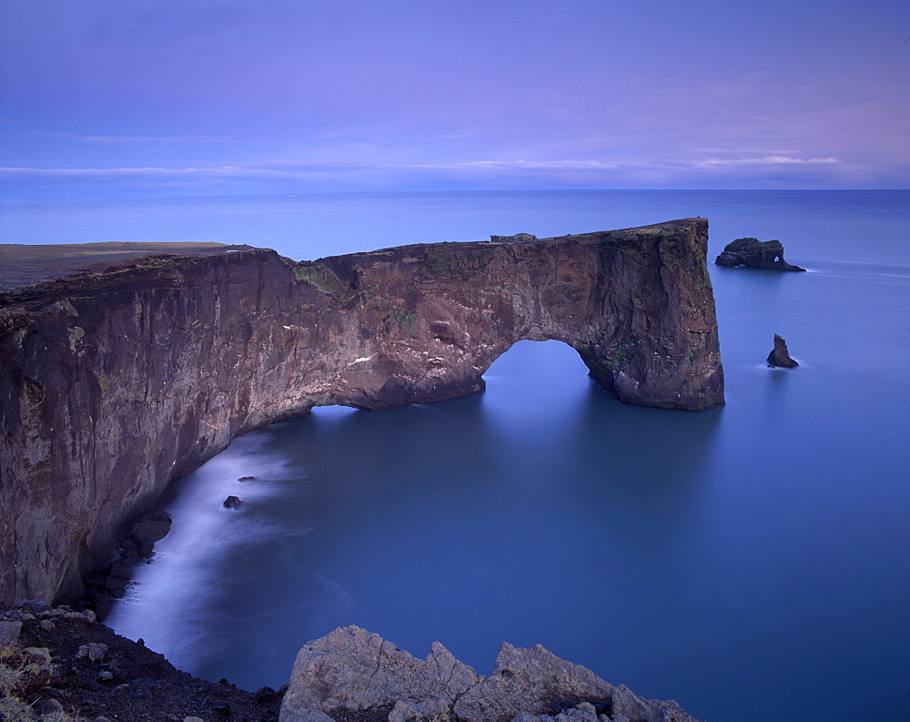 Dyrholaey natural arch, southernmost point in Iceland, at dusk, near Vik, Iceland, Polar Regions