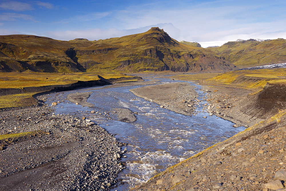 Glacial river flowing from Solheimajokull (Myrdalsjokull) glacier, near Vik, South Iceland, Iceland, Polar Regions