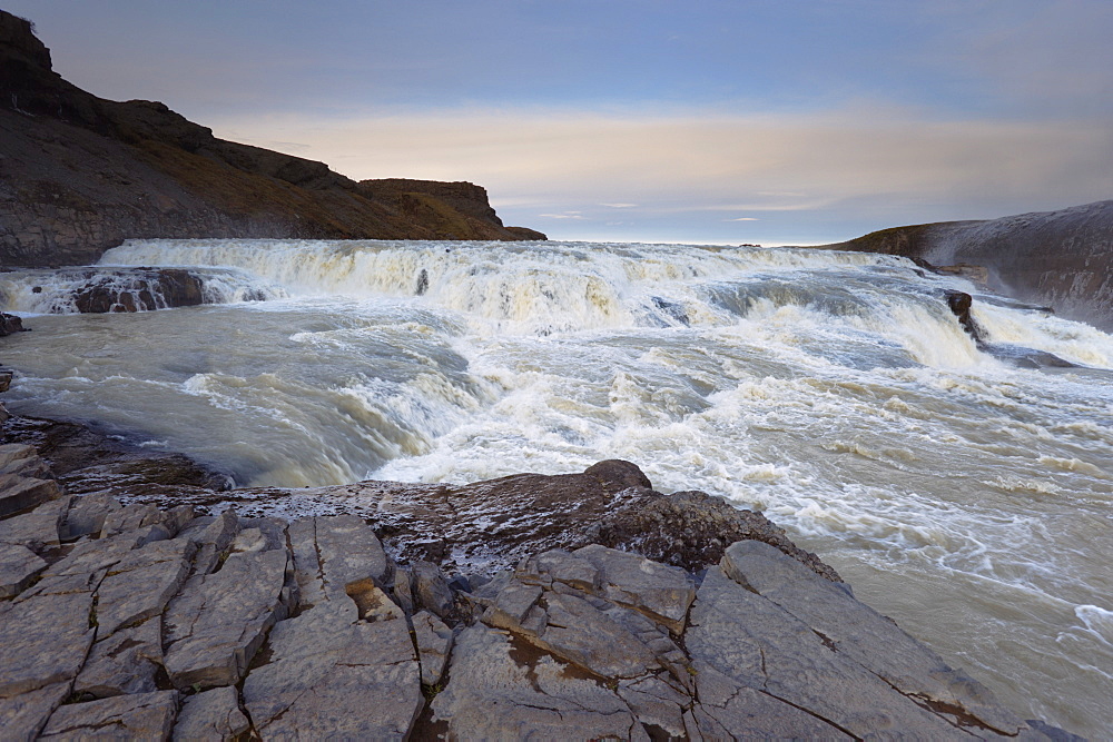 Gullfoss Waterfall (Golden Waterfall) in winter, Golden Circle tourism trail, Hvita River, Haukadalur, Iceland, Polar Regions