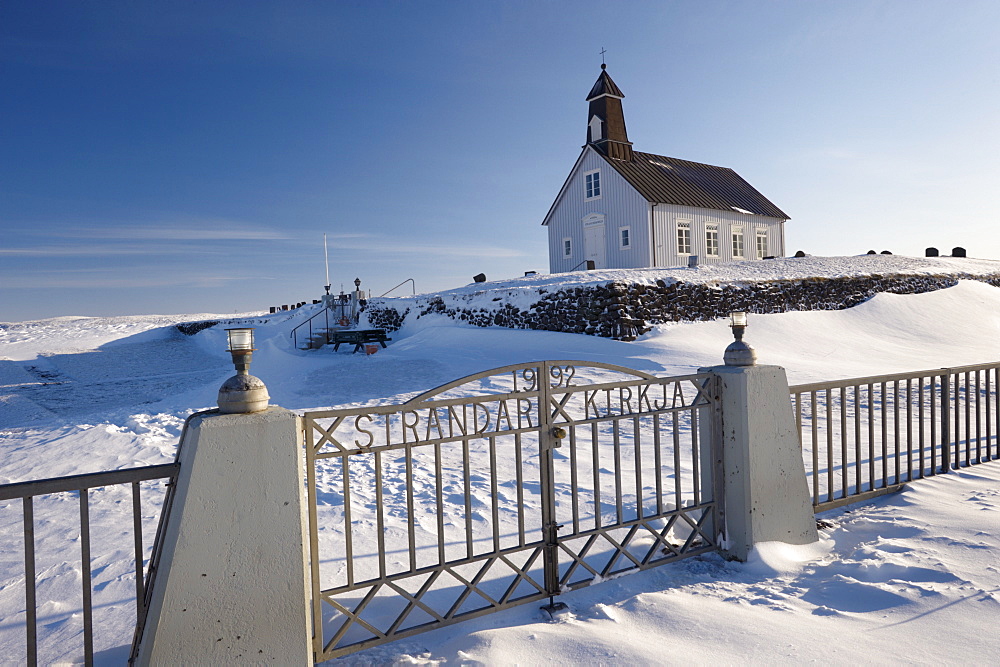 Strandakirkja wooden church in winter, said to be the richest in Iceland, because of donations of many seamen for centuries, Reykjanes Peninsula, between Thorlakshofn and Grindavik, Iceland, Polar Regions