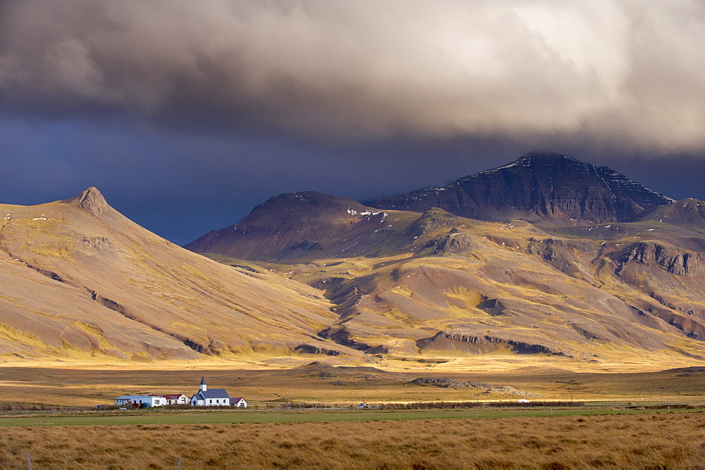 Small church at Leira, near Borgarnes, Snokur and Heidarhorn mountains behind, West Iceland, Iceland, Polar Regions